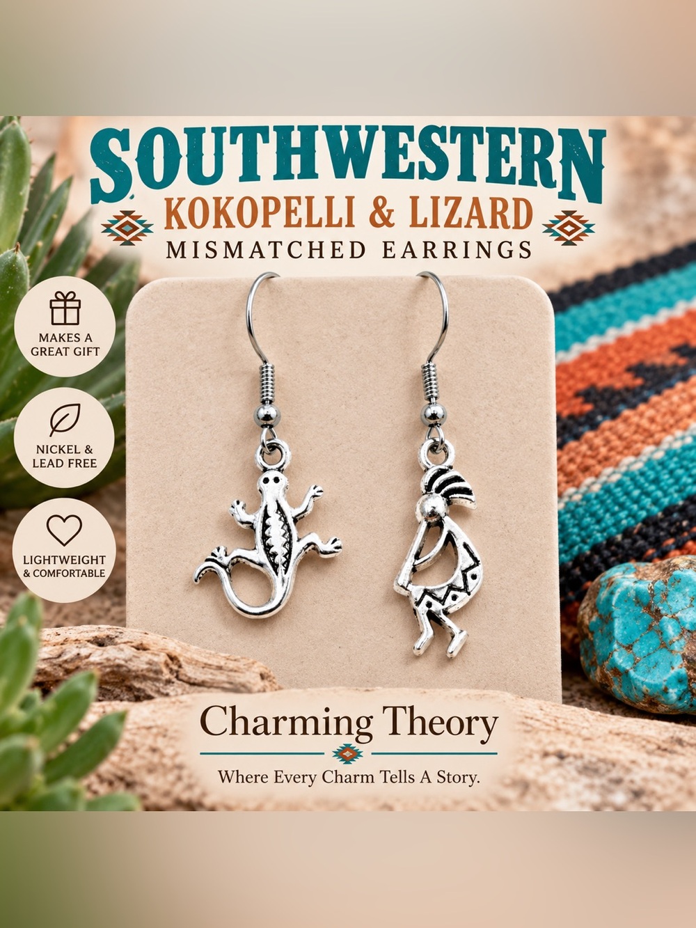Southwestern Kokopelli Lizard Mismatched Earrings